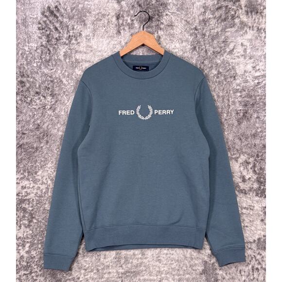 Fred Perry Sweatshirt Small Mens Embroidered Spell Out Crewneck Blue - Picture 1 of 9